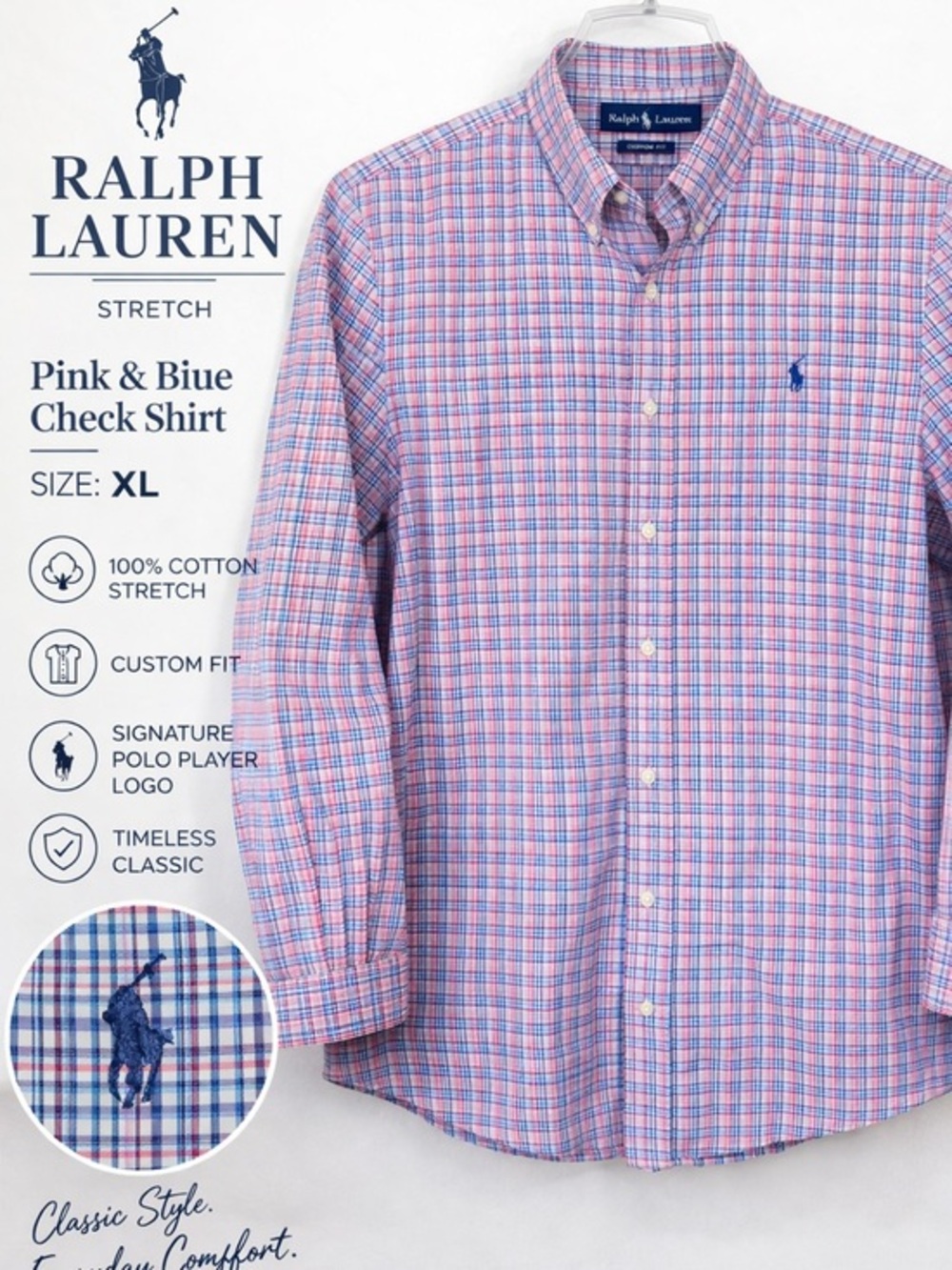 Ralph Lauren Pink and Blue Plaid Check Button-Down Shirt XL Cotton Stretch